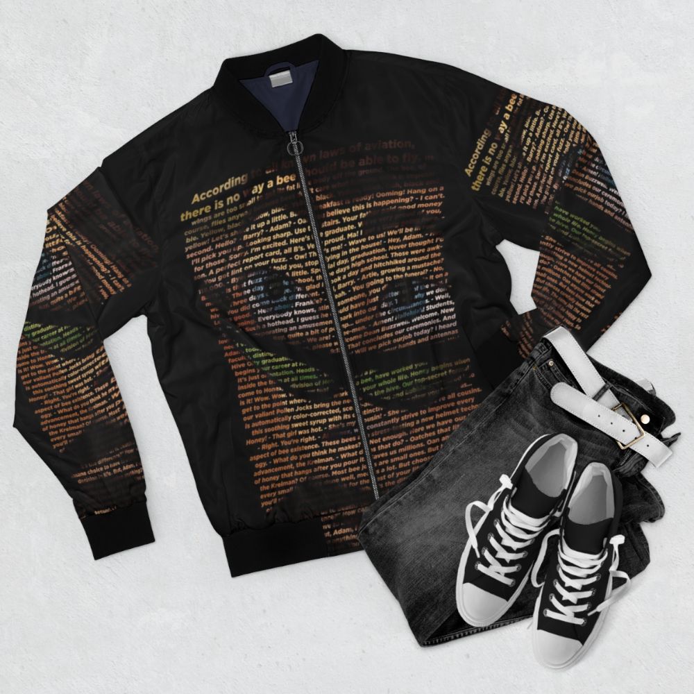 Bee Movie Script Bomber Jacket with Readable Text - Flat lay