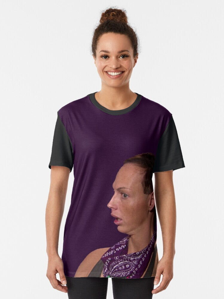 A graphic t-shirt featuring the text "BACK ROLLS?!" in a vaporwave-inspired design, with imagery representing the sad boys, cyberpunk, and drag queen aesthetics. - Women