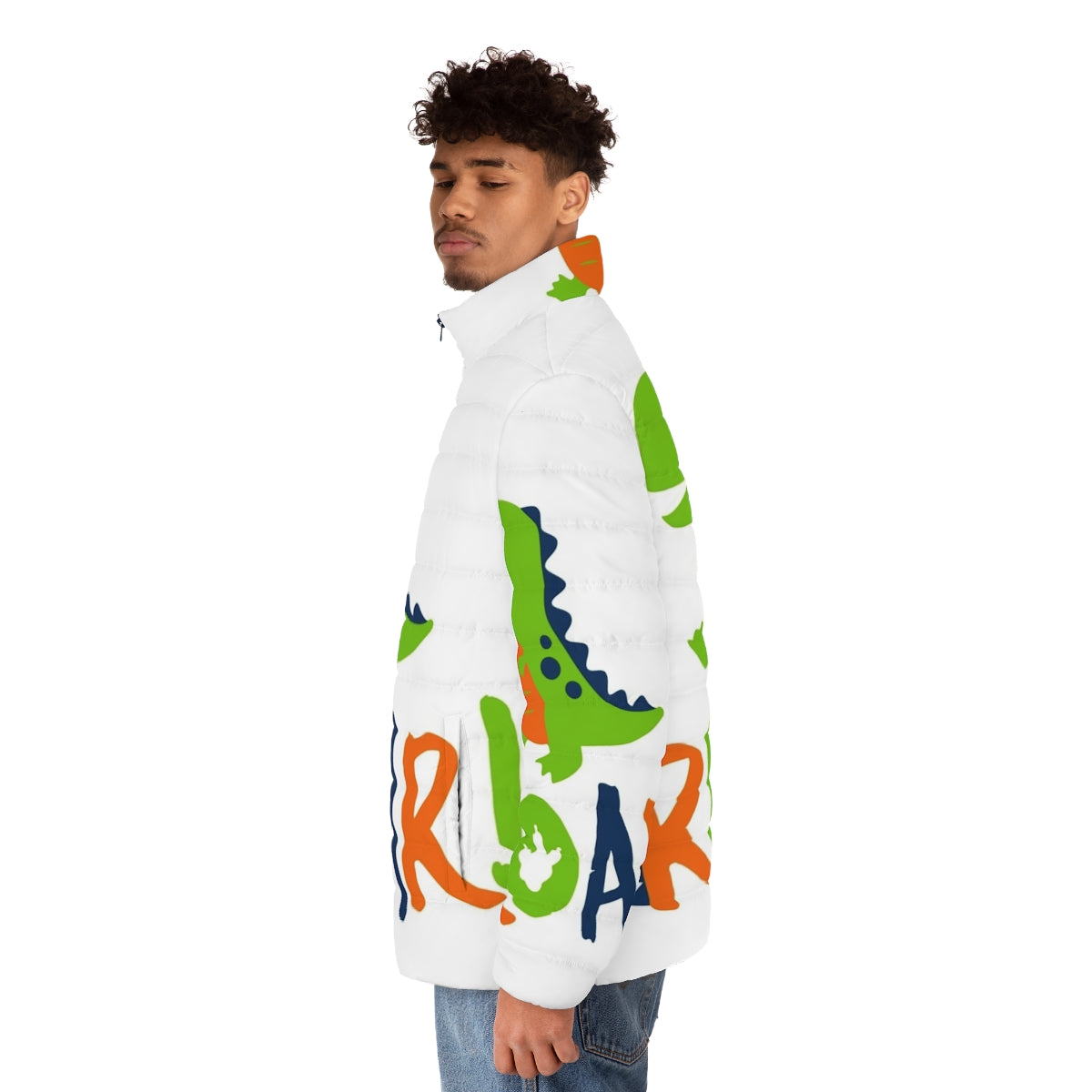 Dinosaur-themed puffer jacket with padded and crinkly design for adult babies and diaper lovers - men side left