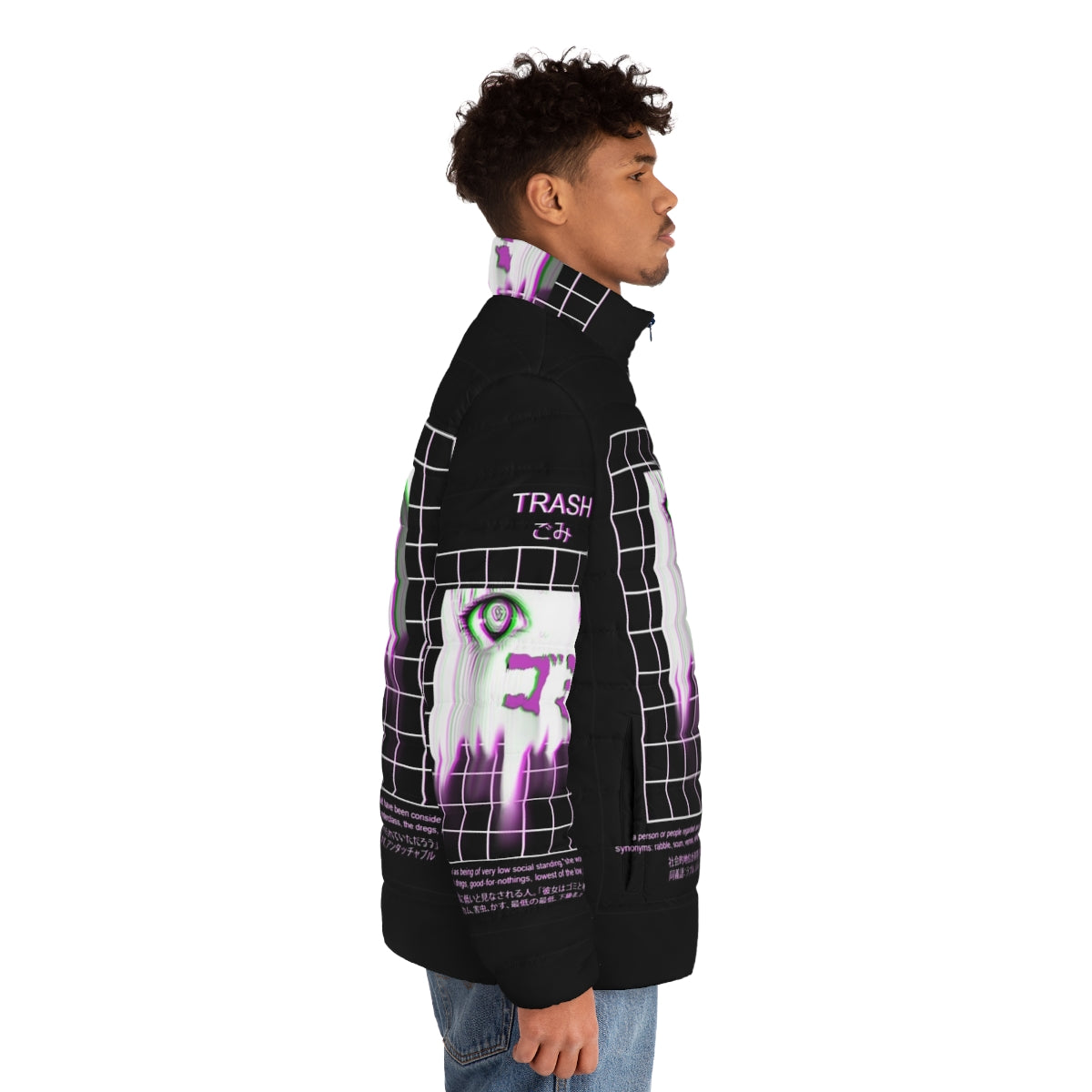 Puffer jacket with Japanese anime aesthetic, grunge and kawaii design - men side right