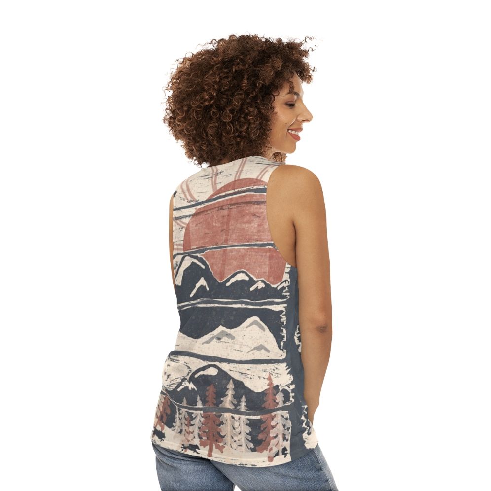 Unisex winter adventure tank top with nature and wildlife graphics - women back