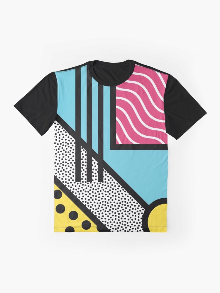 Vibrant abstract graphics in a retro 80s Memphis pop art style on a graphic t-shirt - Flat lay