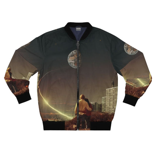 A retro-futuristic bomber jacket featuring a collage of a couple exploring a surreal, vintage-inspired space landscape.