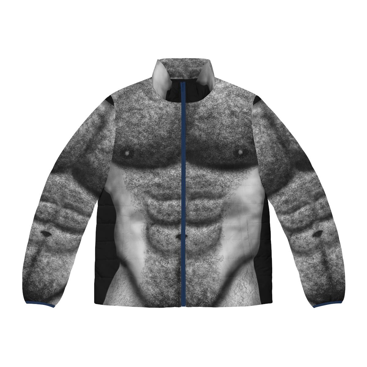 Muscular hairy male torso in a black and white puffer jacket