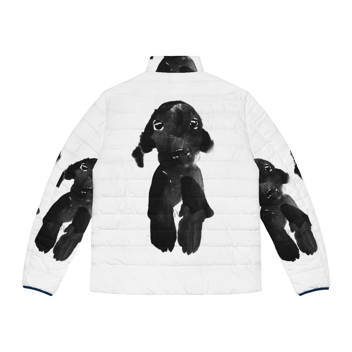 Black dog wearing a warm and cozy puffer jacket - Back