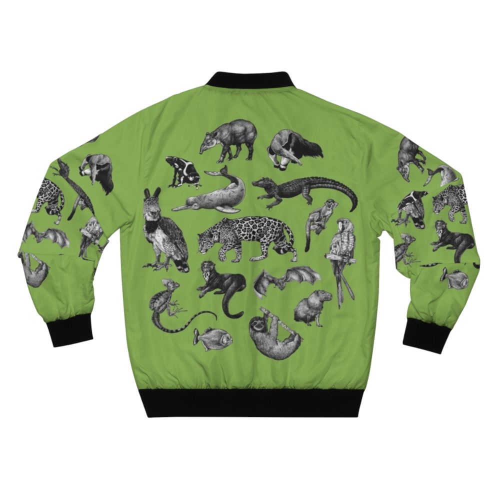 Biodiversity of the Amazon bomber jacket featuring a monochrome scientific illustration of the diverse wildlife found in the Amazon rainforest. - Back