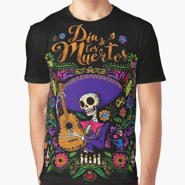 Dia De Los Muertos graphic t-shirt featuring a sugar skull and skeleton design