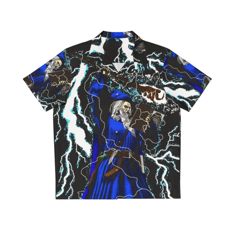 Magical wizard blue hawaiian shirt with fantasy and pop culture elements