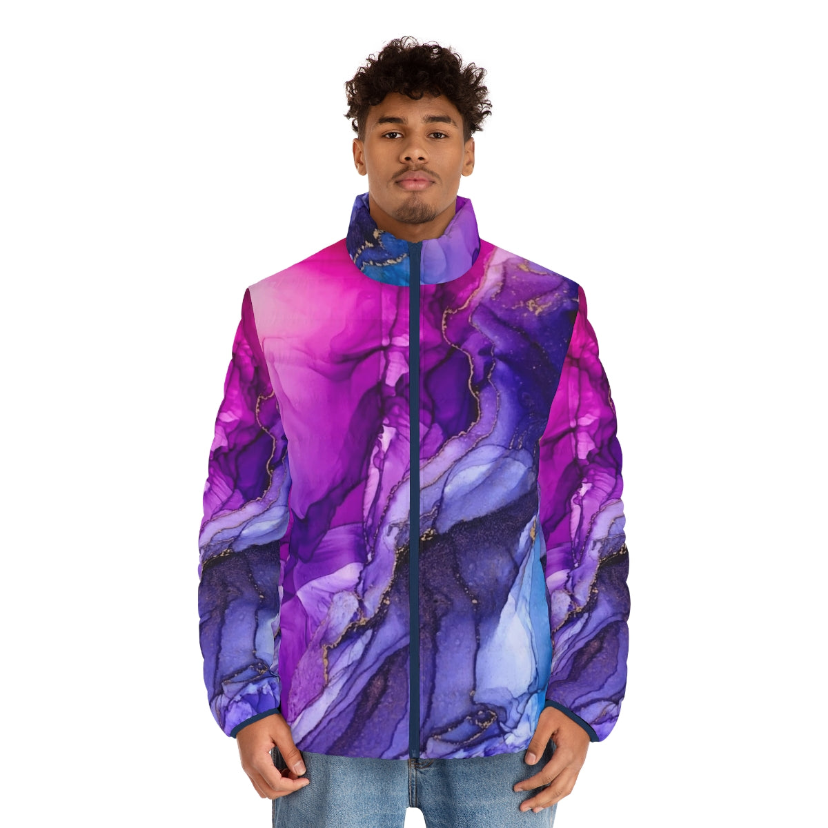 Vibrant abstract rainbow ombre puffer jacket with fluid art inspired design - men front