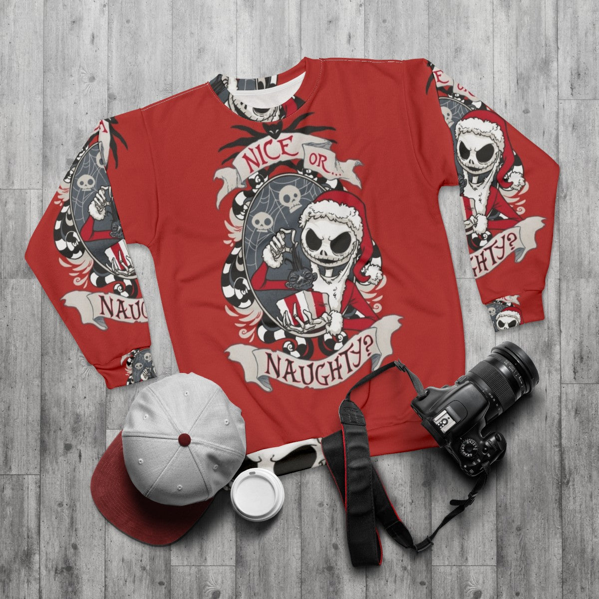 Spooky Santa Sweatshirt with Nightmare Before Christmas Motif - flat lay