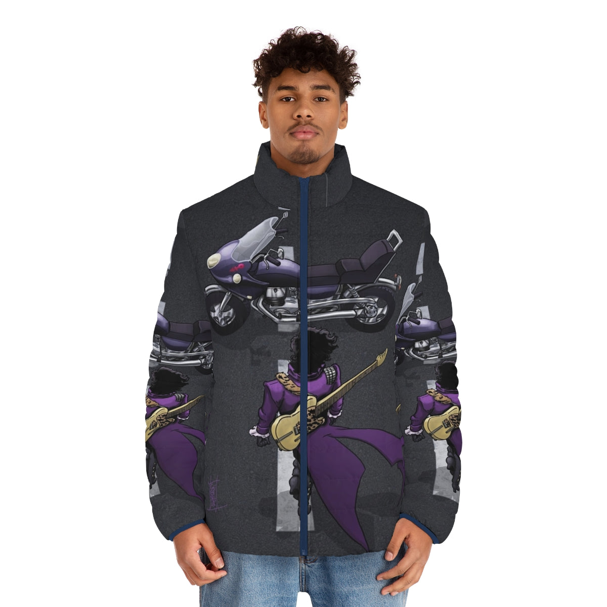 Anime-inspired purple puffer jacket with paisley print and musical instrument graphics - men front