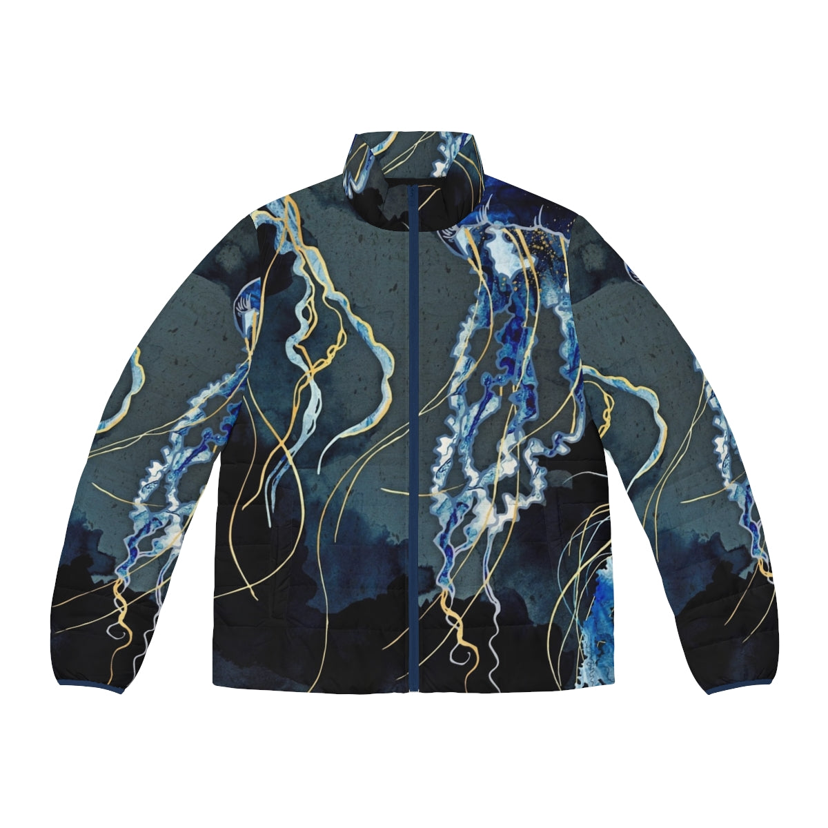 Metallic Ocean III Contemporary Puffer Jacket in blue and gold tones