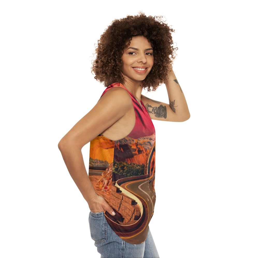 Colorful surreal unisex tank top with retro futuristic design featuring cars and space elements - women side