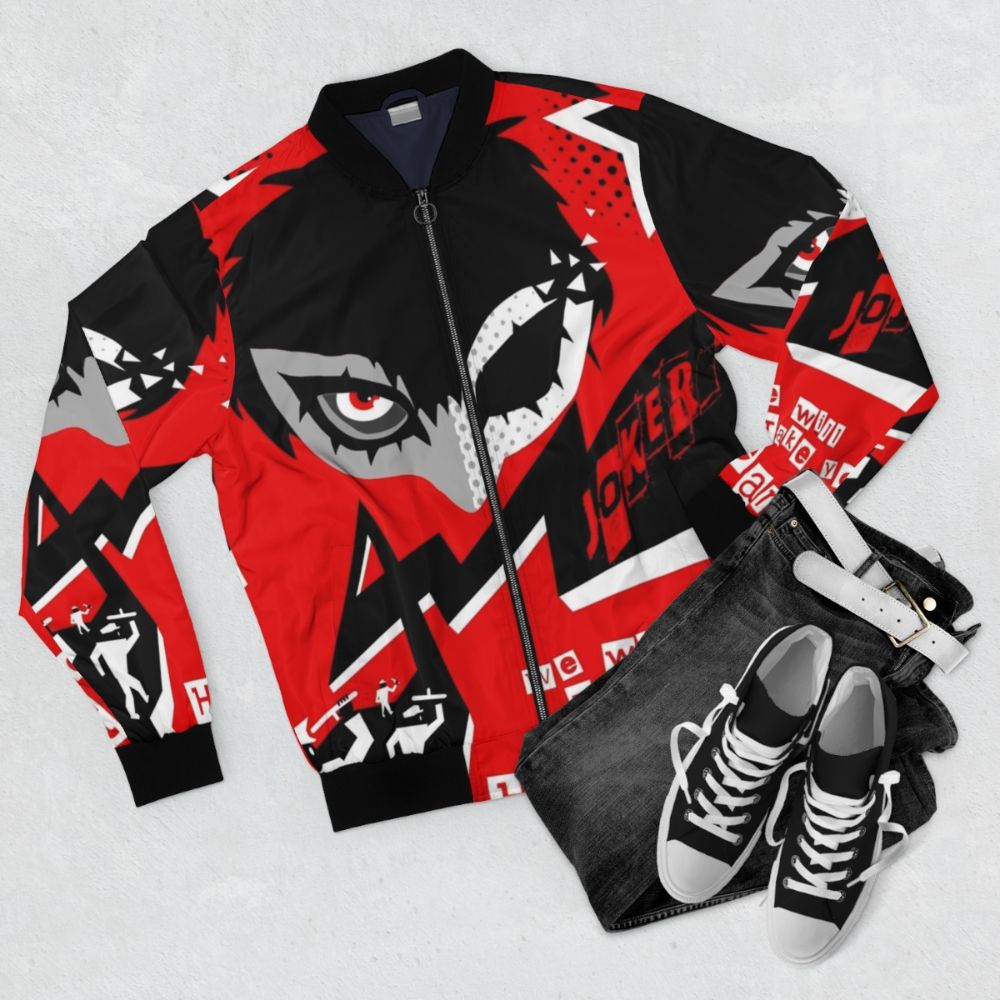 Persona 5 Joker Bomber Jacket with the Take Your Heart slogan - Flat lay