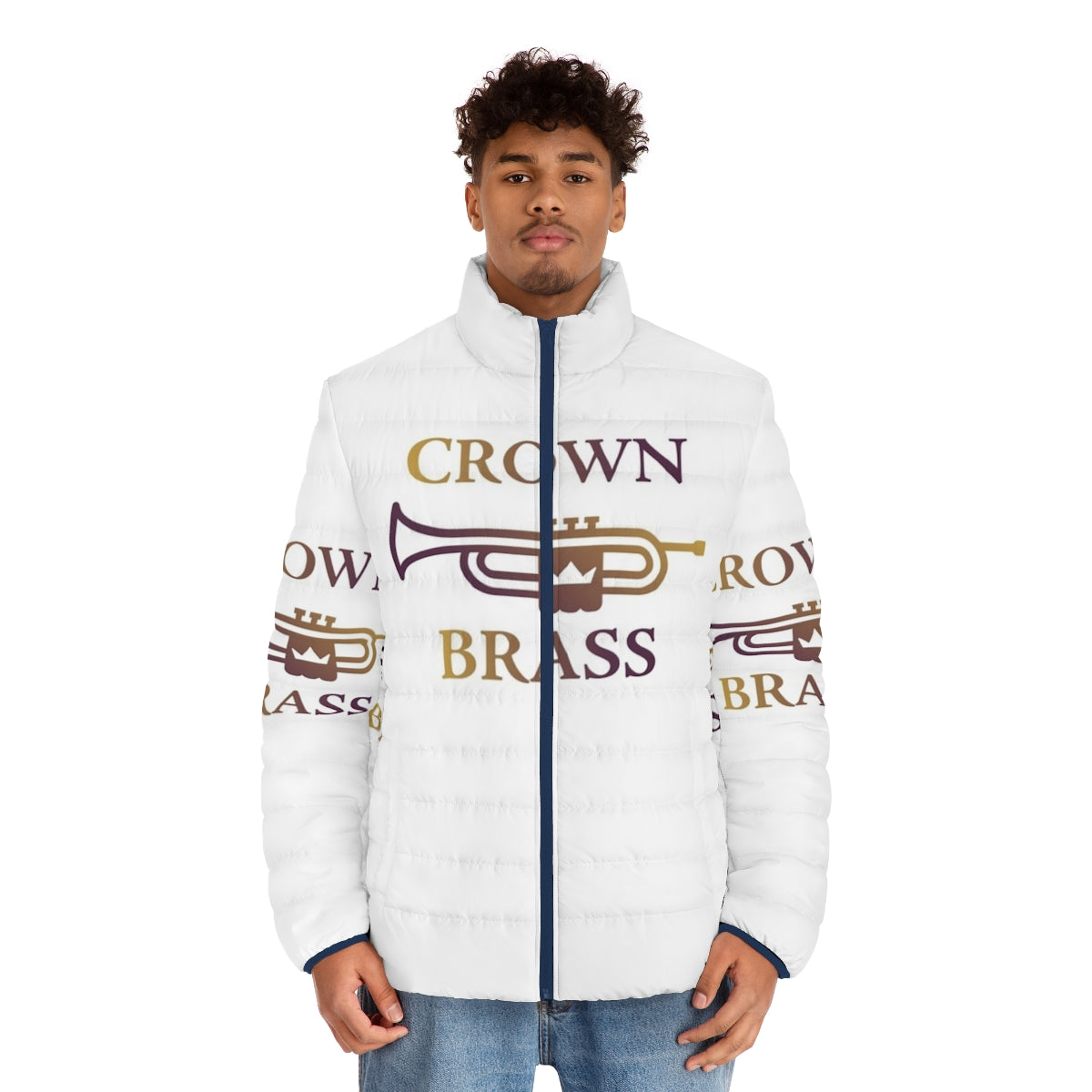 Carolina Crown drum corps inspired puffer jacket with brass design - men front