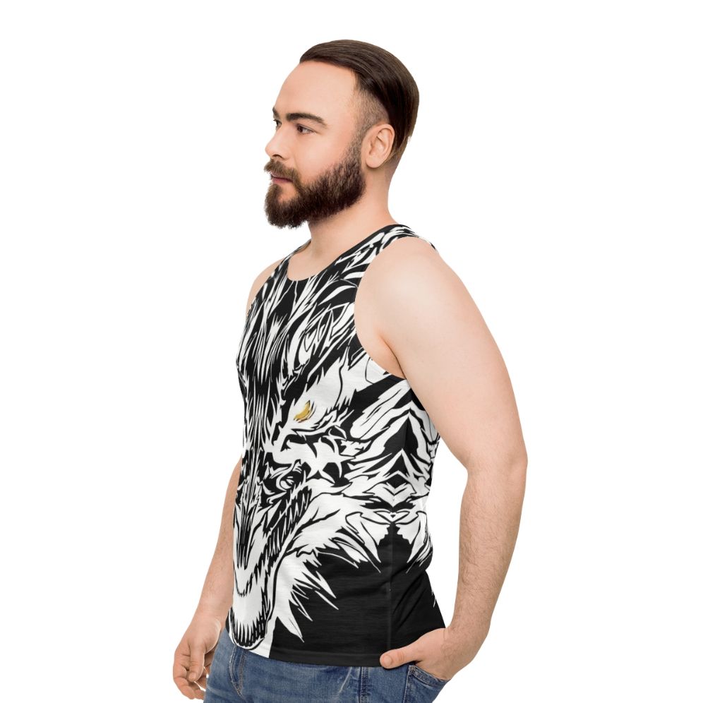 Unisex tank top with a mystical ice dragon graphic - men side