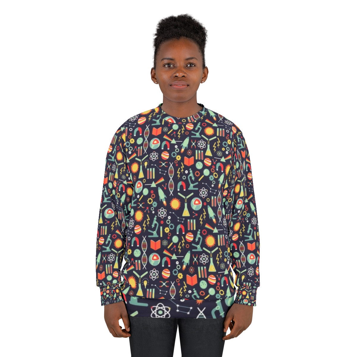 Women's science sweatshirt with laboratory and space-themed design - women