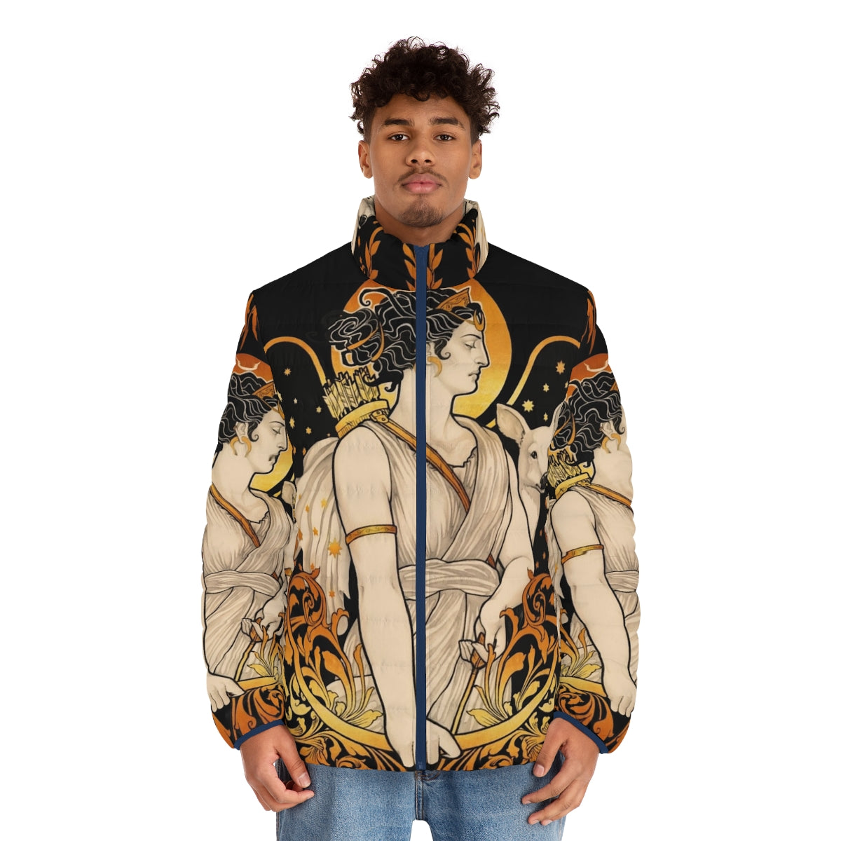 Artemis Puffer Jacket - Featuring a design inspired by the Greek goddess Artemis, this jacket celebrates the power and beauty of women. - men front