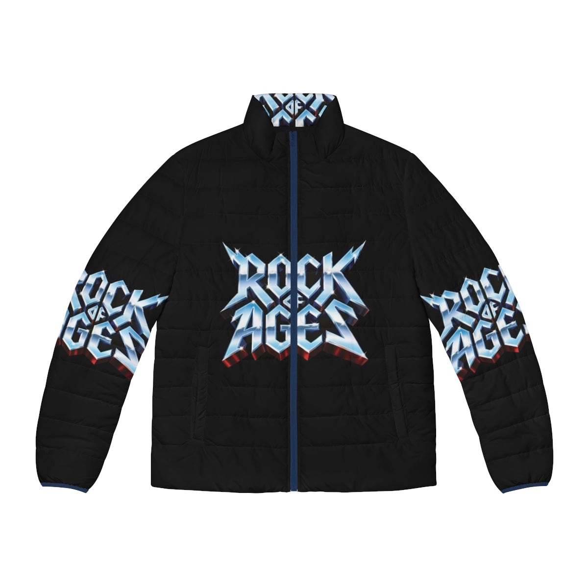 Metallic puffer jacket with a rock and heavy metal inspired design