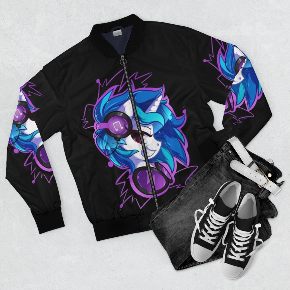 Shock Wave Bomber Jacket featuring Vinyl Scratch, the iconic DJ Pony from My Little Pony: Friendship is Magic - Flat lay