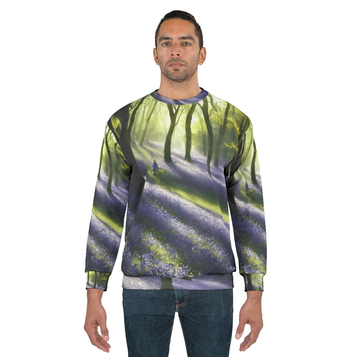 Bluebell floral watercolor design on a cozy women's sweatshirt - men