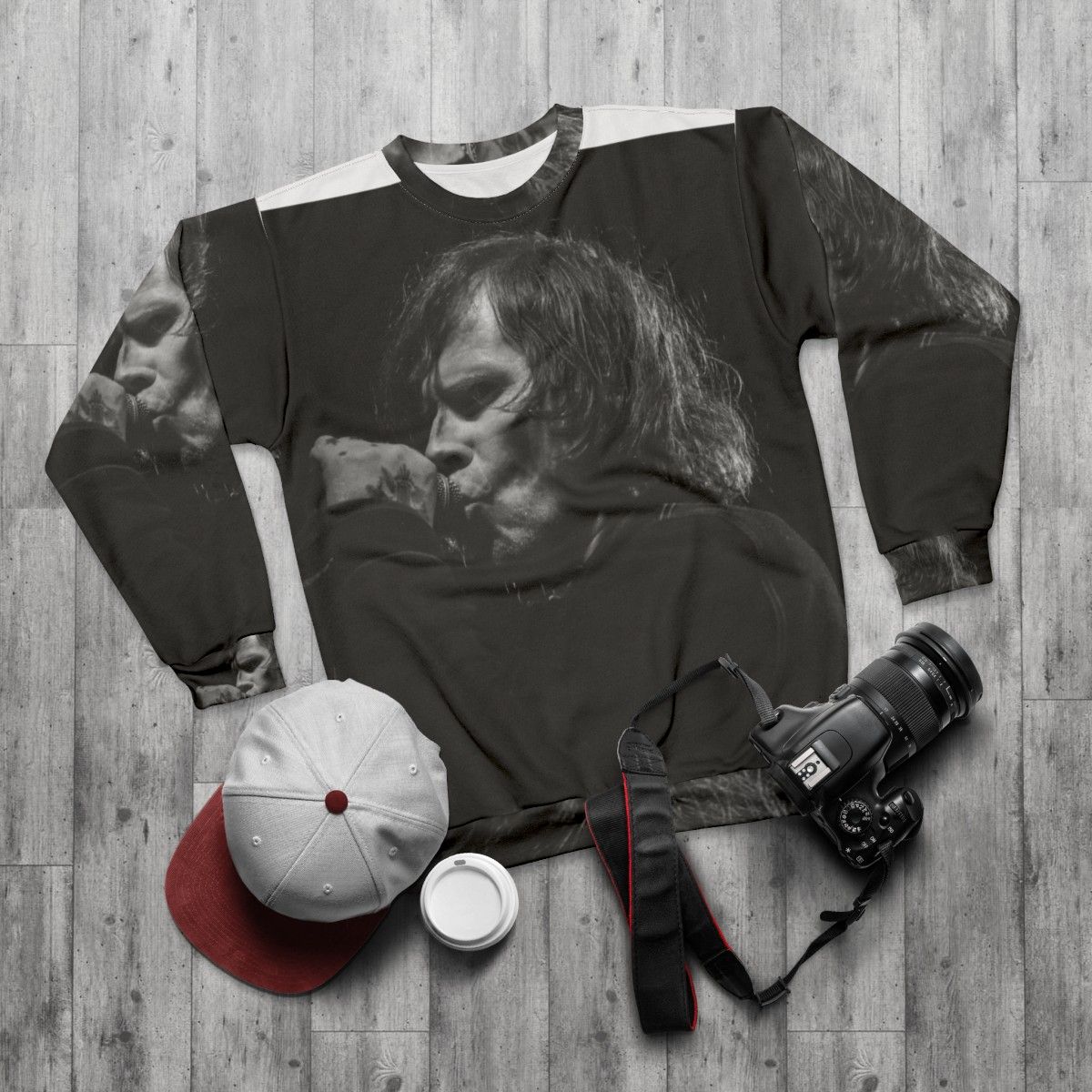 Mark Lanegan grunge rock musician wearing sweatshirt - flat lay