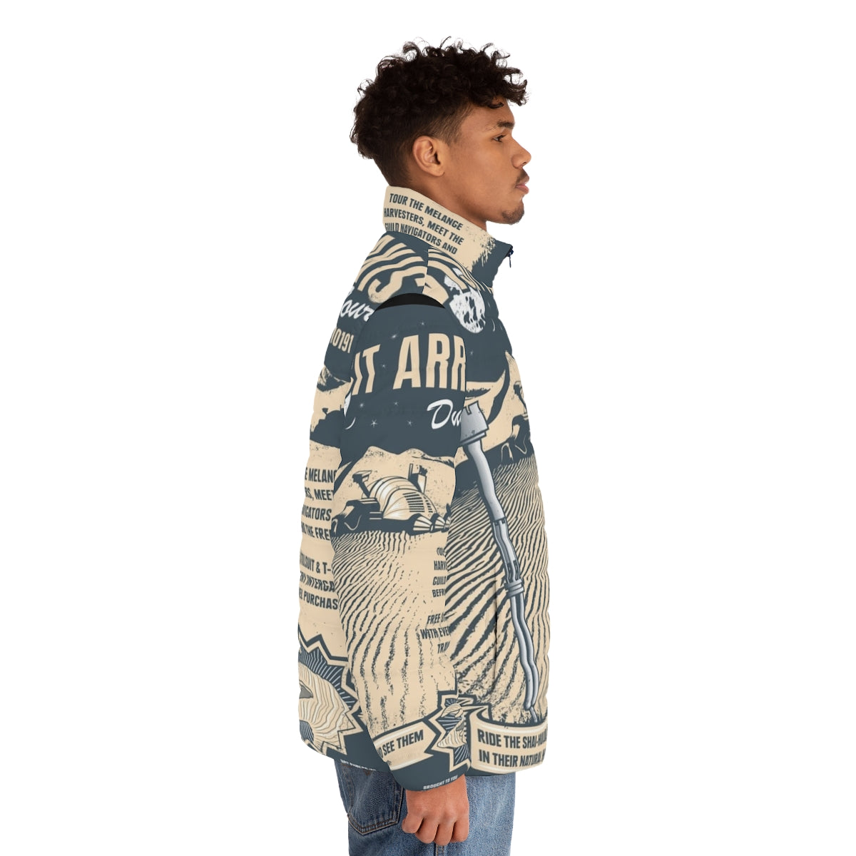 A stylish puffer jacket featuring the iconic desert landscape of Arrakis from the Dune science fiction series. - men side right