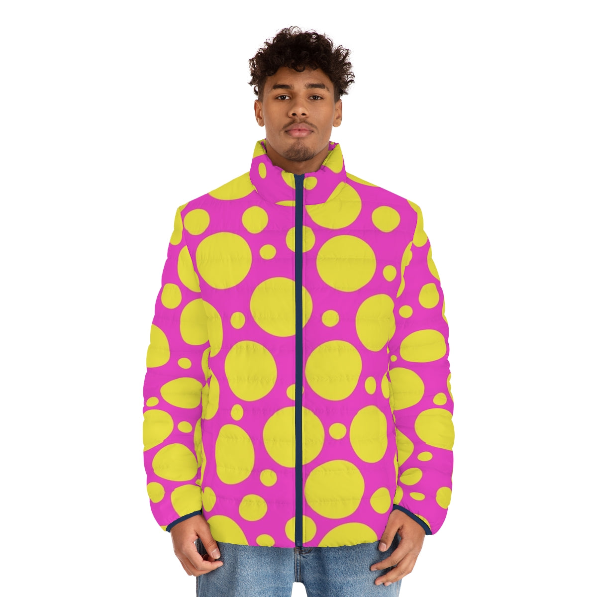 Vibrant polka dotted puffer jacket in hot pink and yellow colors - men front