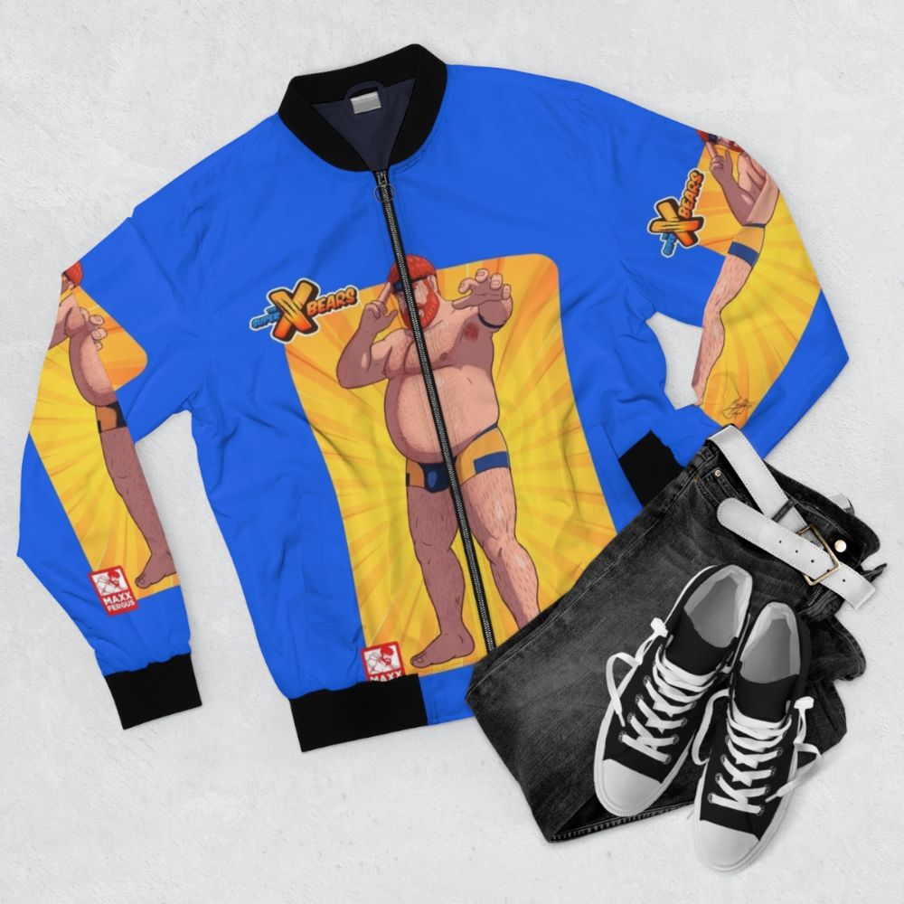 A colorful bomber jacket featuring a gay bear mutant design with LGBT pride elements. - Flat lay