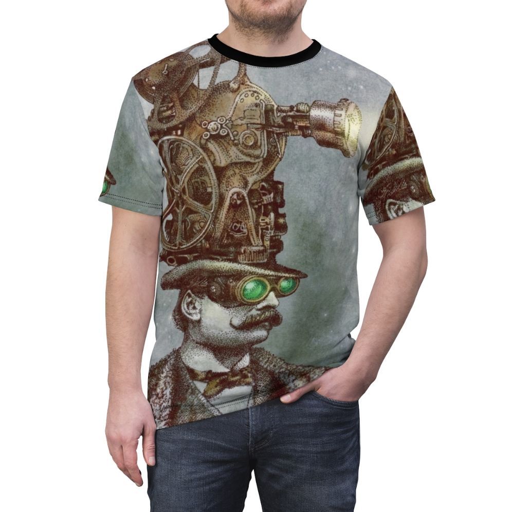 Steampunk-inspired t-shirt design featuring a projector, top hat, moustache, and surreal space elements. - men front