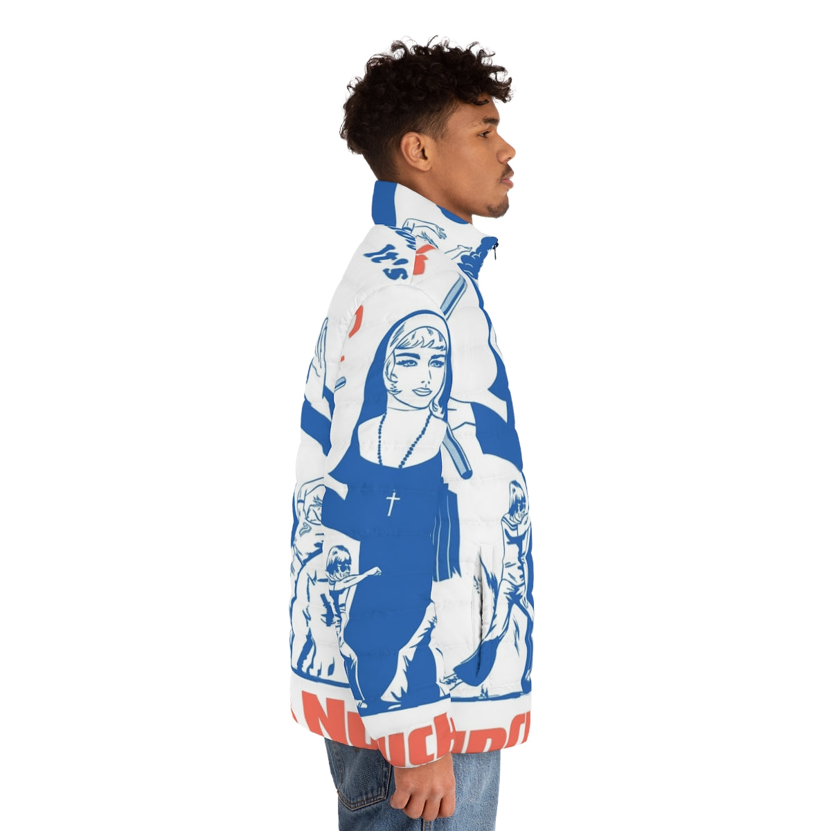 Geeky nunchuck nun puffer jacket with retro 70s 80s kung fu parody design - men side right