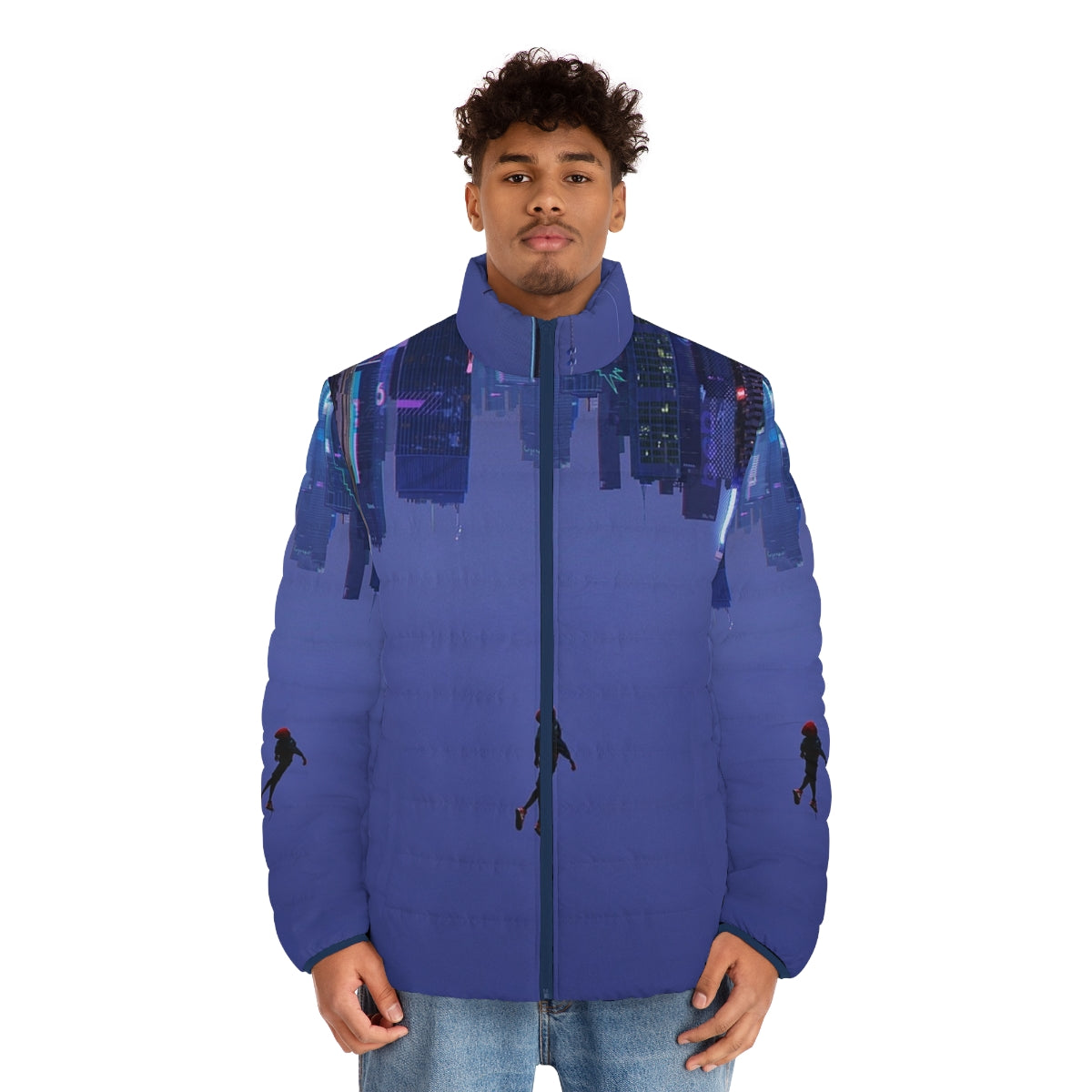 Not Falling But Rising Spider-Man Puffer Jacket for urban, city, and aesthetic style - men front