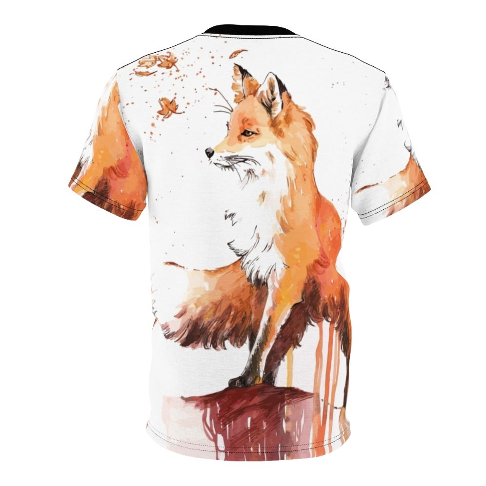 Artfully designed fox t-shirt featuring a vibrant, realistic fox illustration in an autumnal nature setting - Back