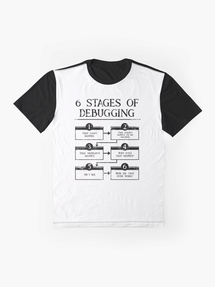 6 Stages of Debugging Graphic T-Shirt for Programming Lovers - Flat lay