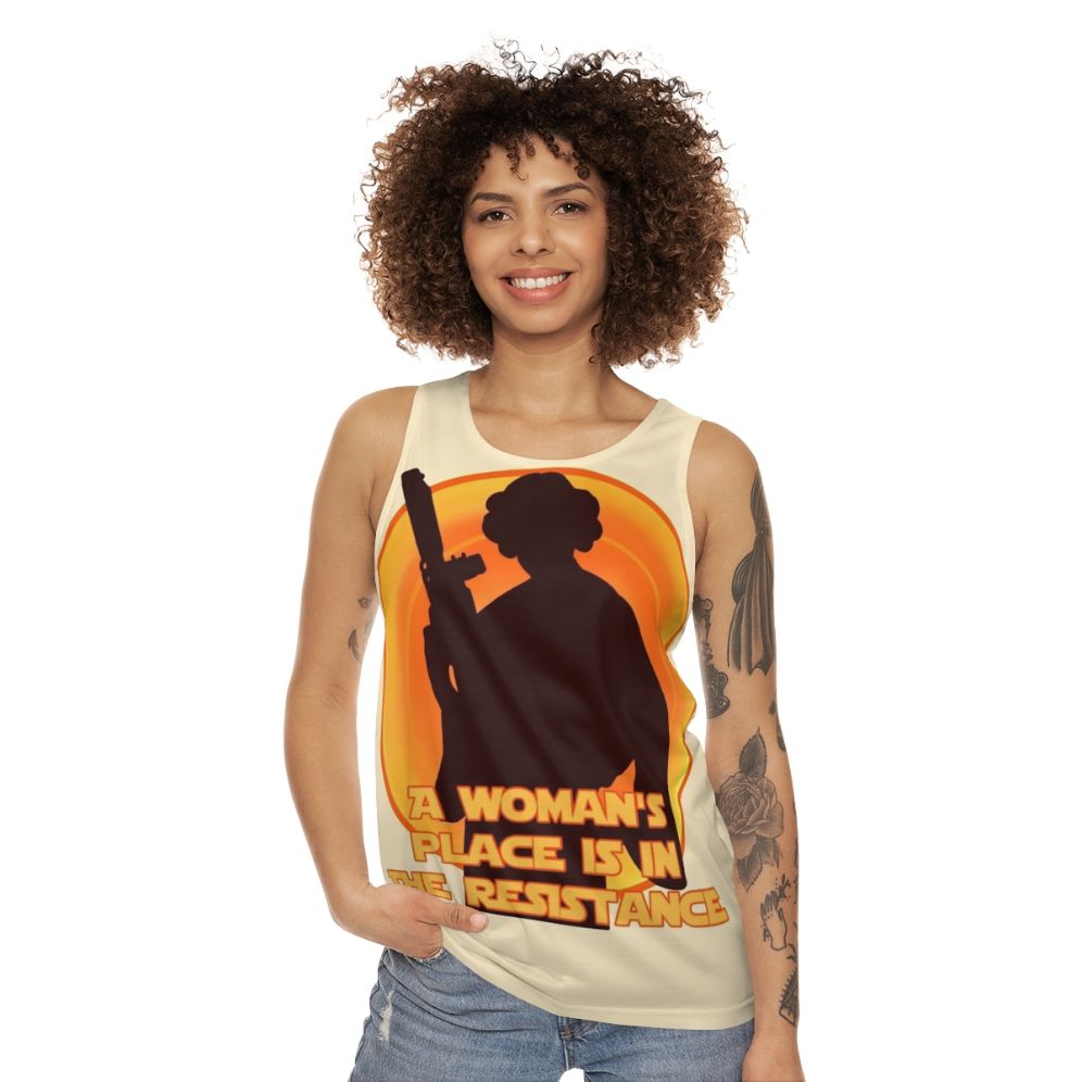 Feminist unisex tank top with resistance and star wars design - women