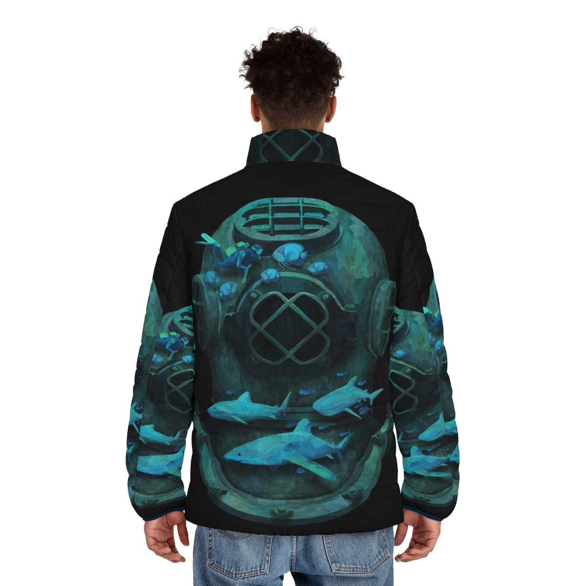 A whimsical puffer jacket featuring a deep diving design with marine life and underwater exploration - men back