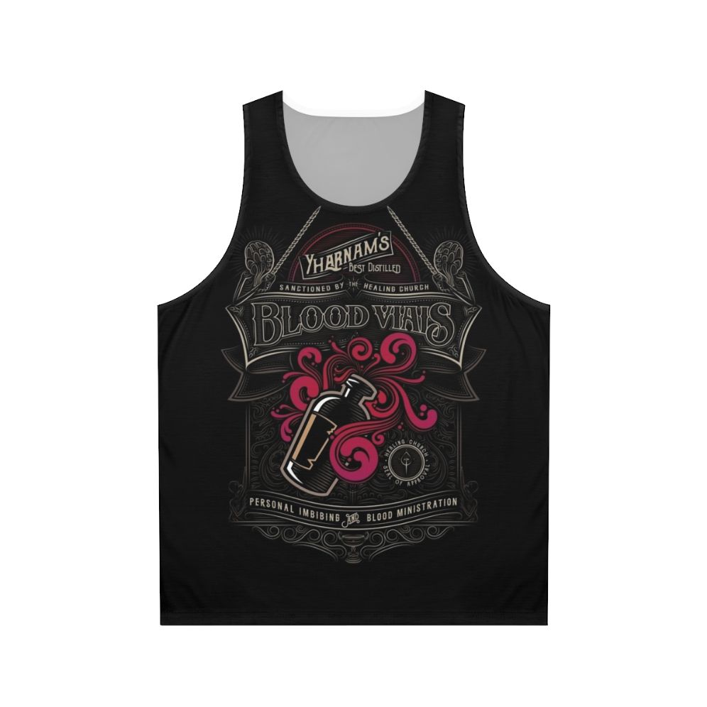 Yharnam's Blood Vials Unisex Tank Top featuring a gothic and Lovecraft-inspired design