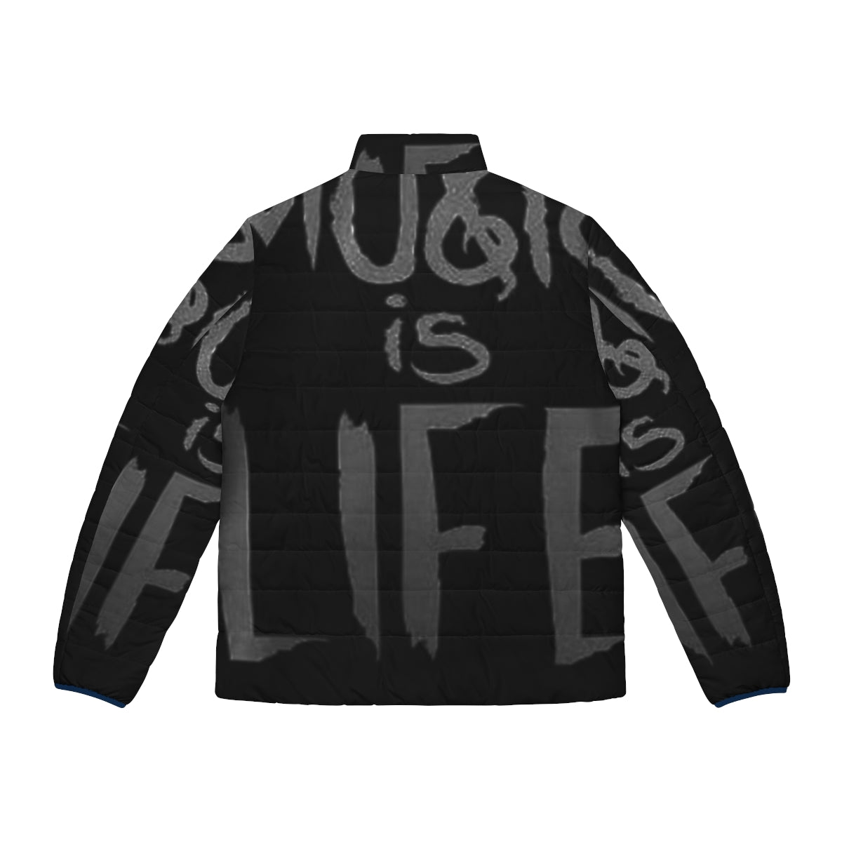 Person wearing music-themed puffer jacket - Back