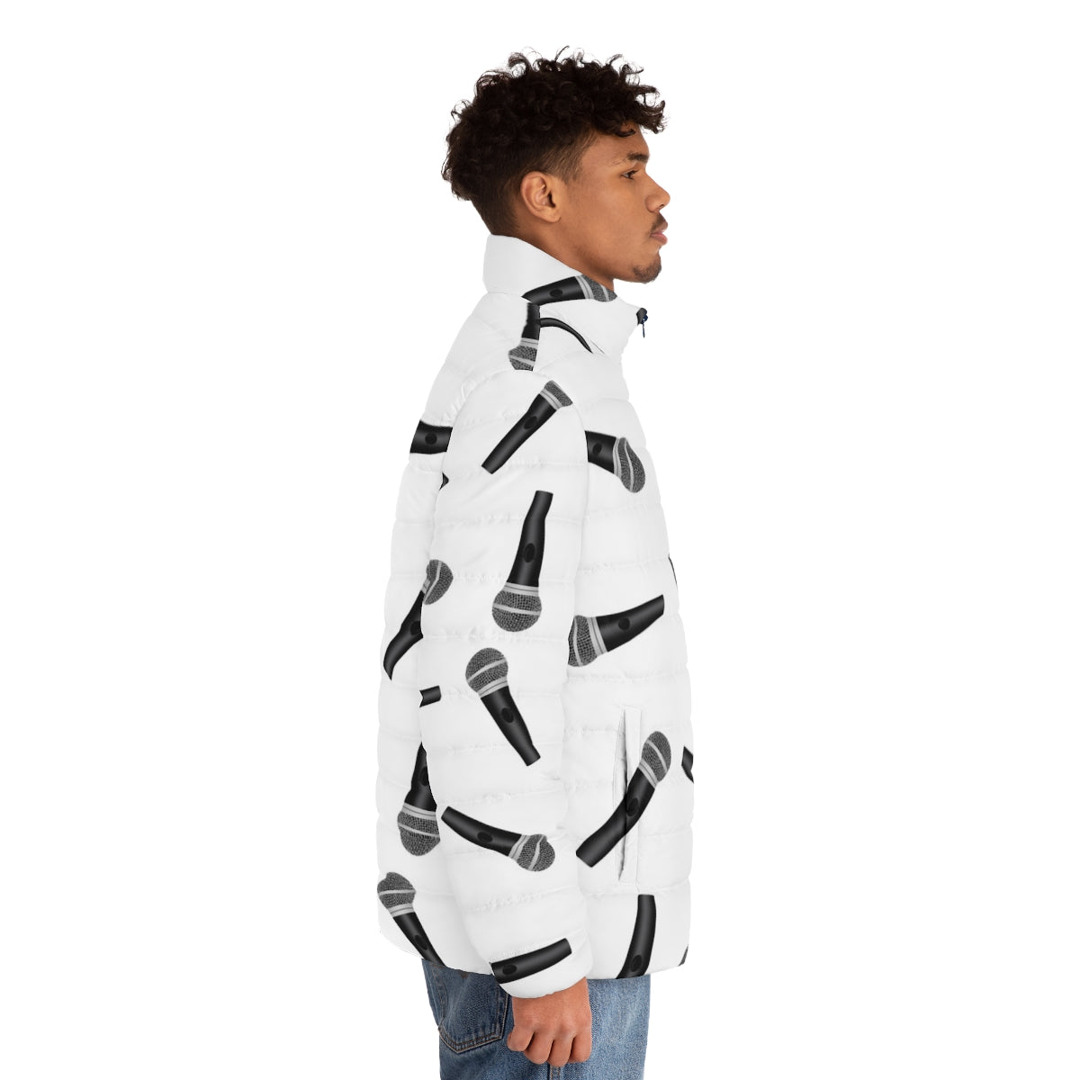 Person wearing a black puffer jacket with a microphones pattern design - men side right