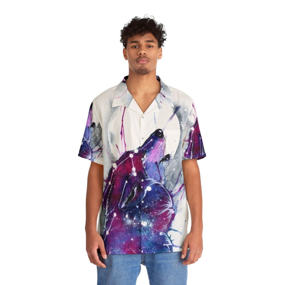 Galaxy wolf print on a tropical Hawaiian shirt - People Front