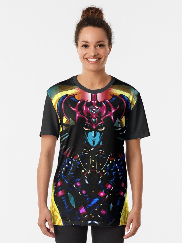 A graphic t-shirt featuring iconic Yu-Gi-Oh! characters like Dark Magician and Seto Kaiba, along with Egyptian god cards. - Women