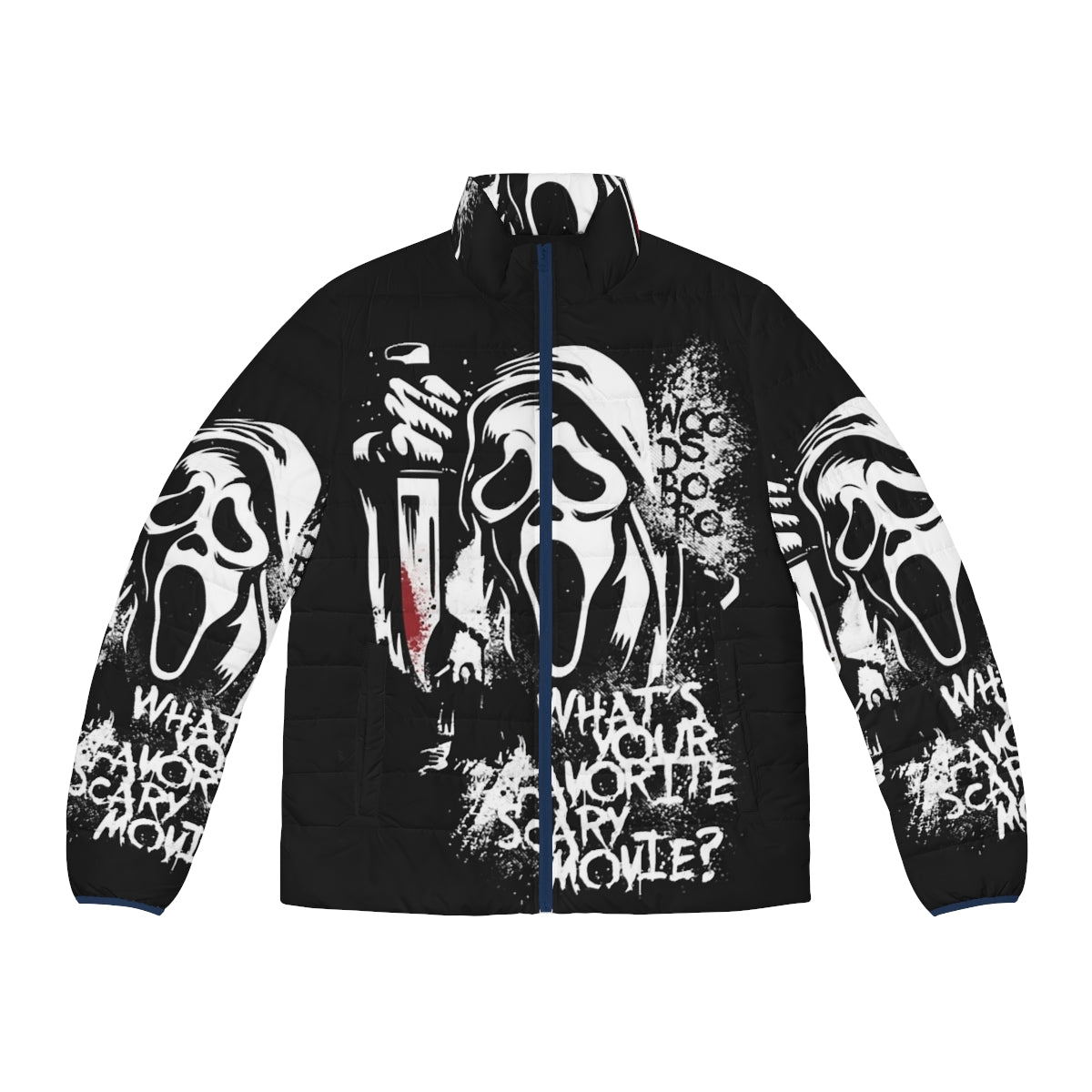 Scary movie-themed puffer jacket with Ghostface design