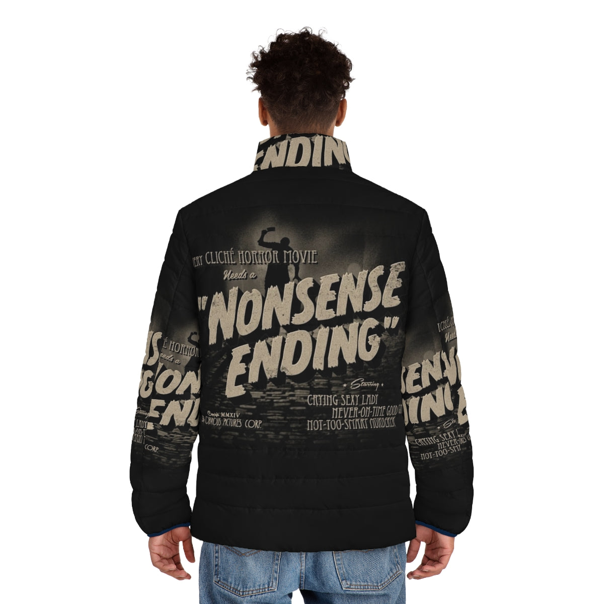 Vintage black and white puffer jacket with a chilling movie-inspired design - men back