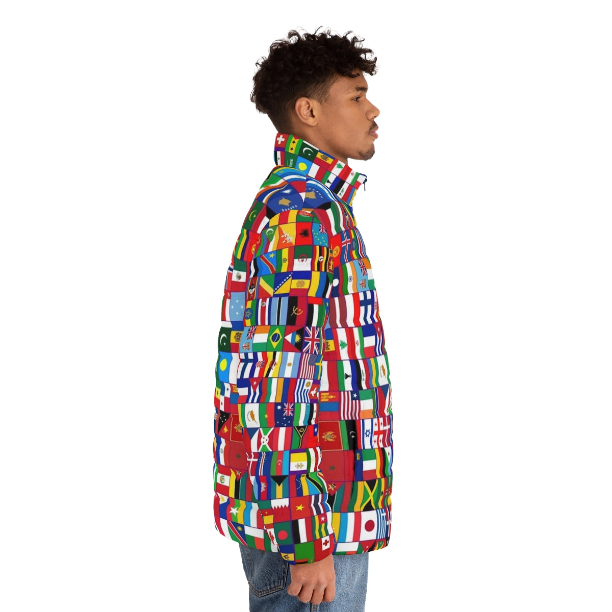 Flags of the World Puffer Jacket featuring colorful national flags from around the globe - men side right