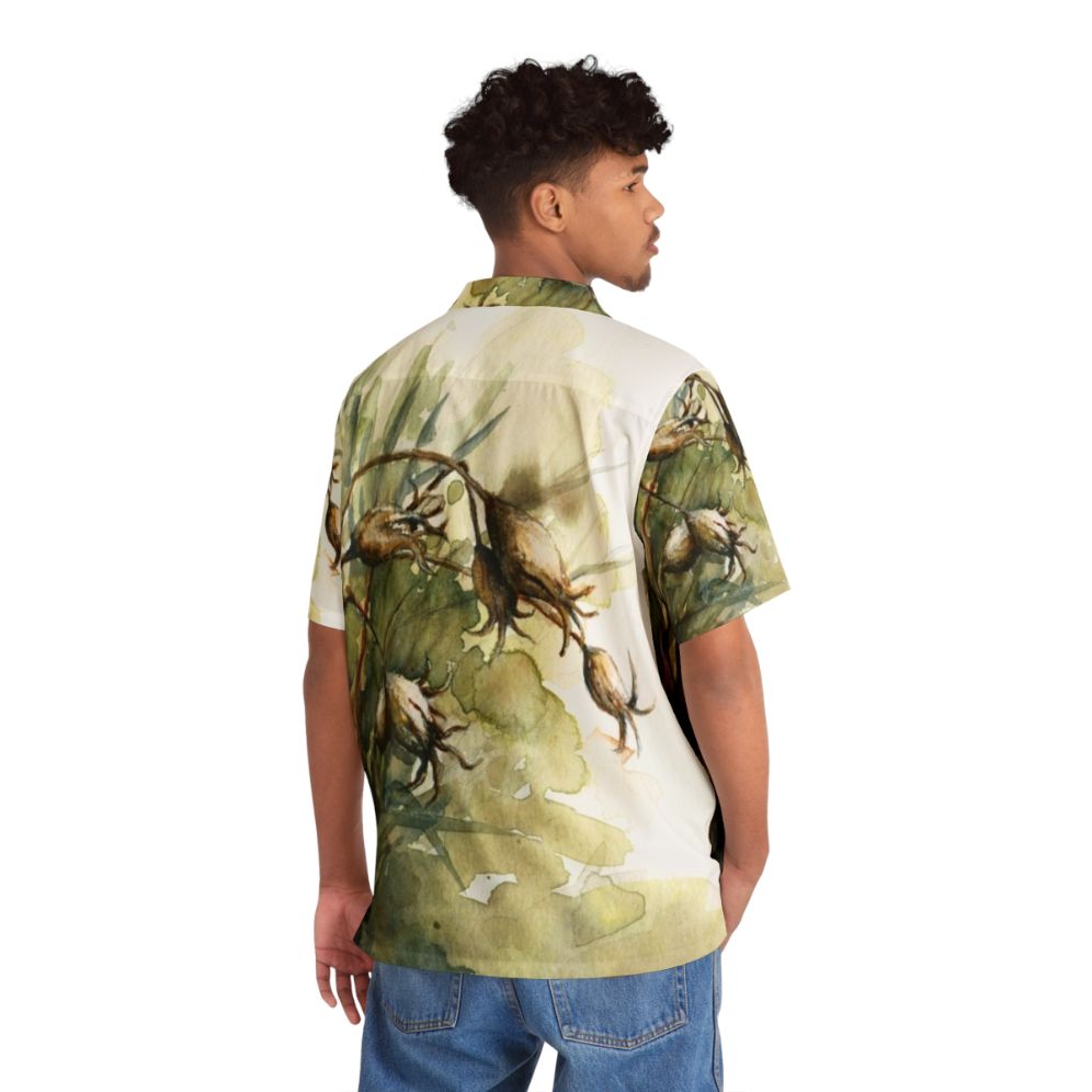 Colorful Hawaiian shirt featuring a botanical print of summer seedpods - People Back