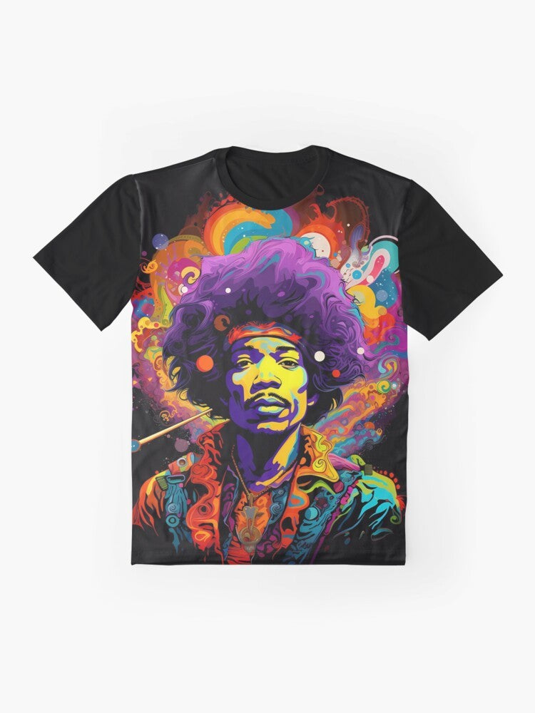 Jimi Hendrix inspired psychedelic graphic t-shirt featuring a guitar and music elements - Flat lay