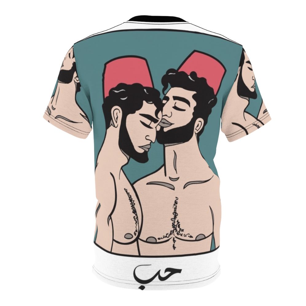 Colorful illustration of young men on a t-shirt design celebrating gay Arab culture - Back