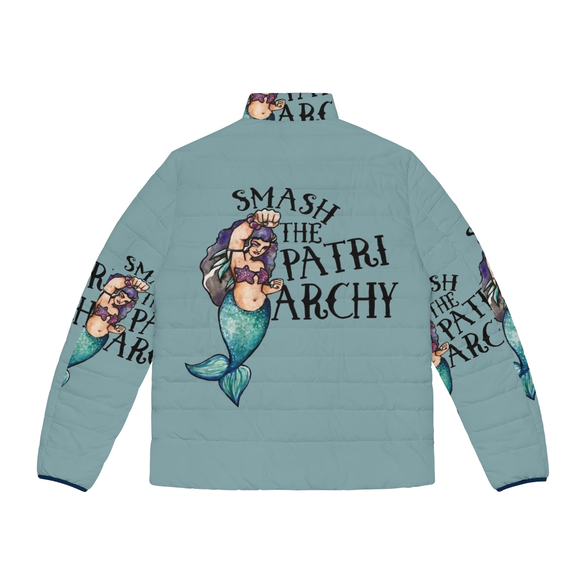 Smash the Patriarchy feminist puffer jacket with mermaid and animal designs - Back