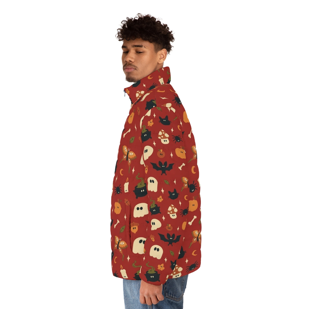 Spooky fall puffer jacket with pumpkin, mushroom, and spider designs - men side left