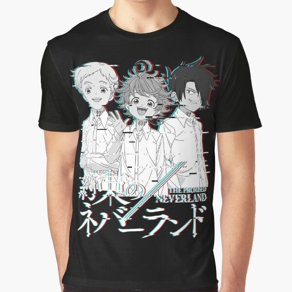 The Promised Neverland Glitch Graphic T-Shirt featuring characters Emma, Norman, and Ray from the popular anime and manga series.